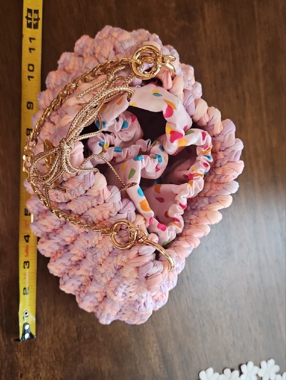 Hand Crocheted Pink And Purple T-shirt Yarn Drawstring HandBag - Picture 3 of 4